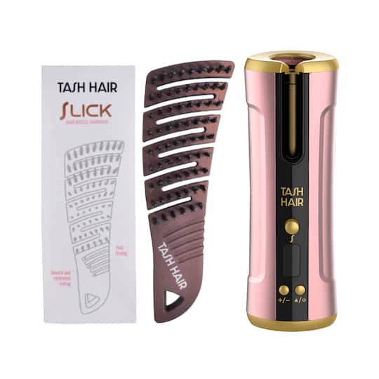 Tash Hair Twirl Automatic Hair Curler -Blush & Slick, Detangling Boar Bristle Hair Brush Combo