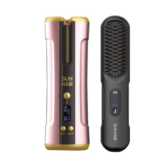 Tash Hair Twirl Automatic Cordless Hair Curler (Blush) & Glide Hair Straightener Brush (Noir) Combo