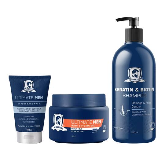 The Beard Story Keratin And Biotin Shampoo, Ultimate Men Expert Face Wash & Hair Styling Gel Combo