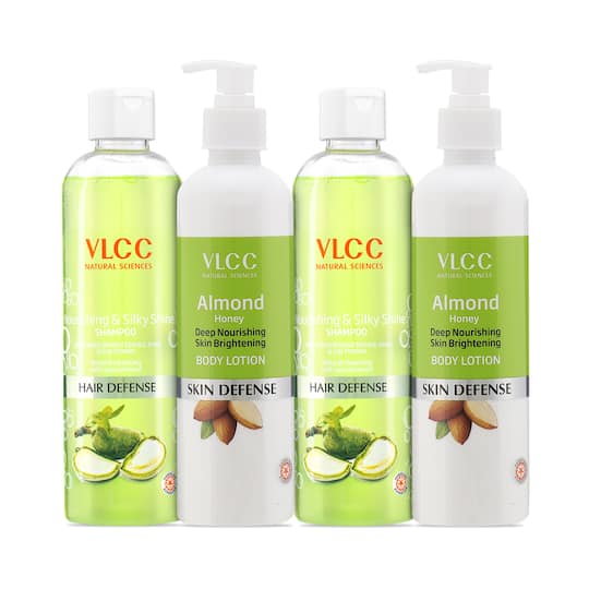 VLCC Nourishing and Silky Shine Shampoo & Almond Honey Skin Brightening Body Lotion Combo