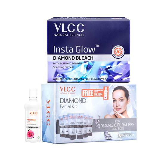 VLCC Diamond Facial Kit with Free Rose Water Toner & Insta Glow Bleach Combo