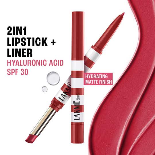 Lakme 9to5 Hya Beach Edit, Lipstick + Liner Duo SPF Matte Finish Lipstick-Afterhours Red (2 + 0.2 g)