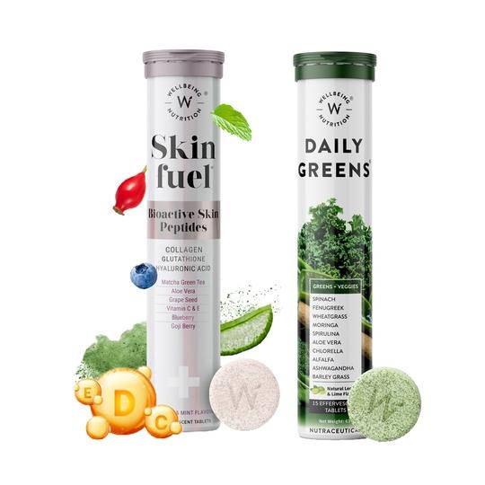 Wellbeing Nutrition Combo Daily Greens Wholefood Multivitamin & Skin Fuel Skin Fule Effervescent