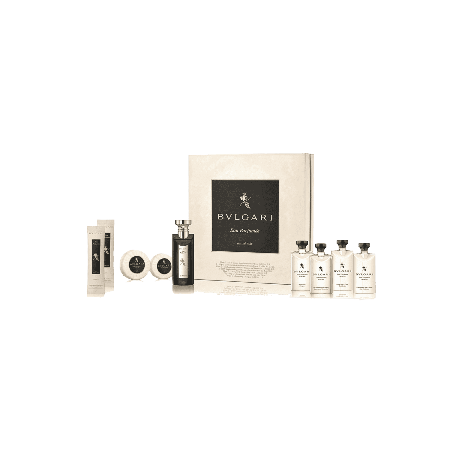 Bvlgari | BVLGARI Eau Parfumee Au The Noir Guest Gift Set: Eau de Cologne75ml, Shampoo75ml, Shampoo Shower Gel75ml, Hair Conditioner 75ml, Body Lotion 75ml, Soap75g, Soap50g, Towel12gx2 (9 pcs)