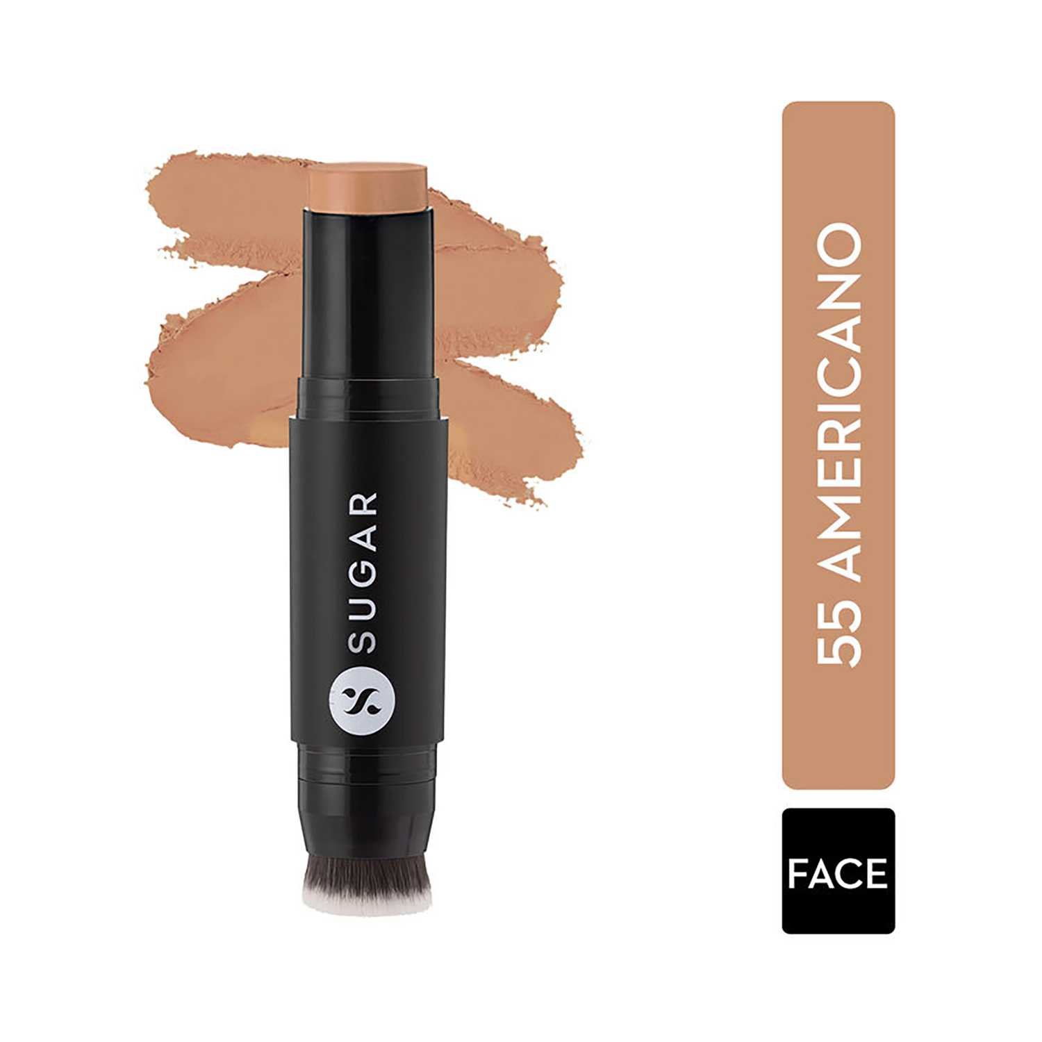 SUGAR Cosmetics | Sugar Ace Of Face Foundation Stick With Inbuilt Brush - 55 Americano (Medium Deep, Warm Undertone) (12g)